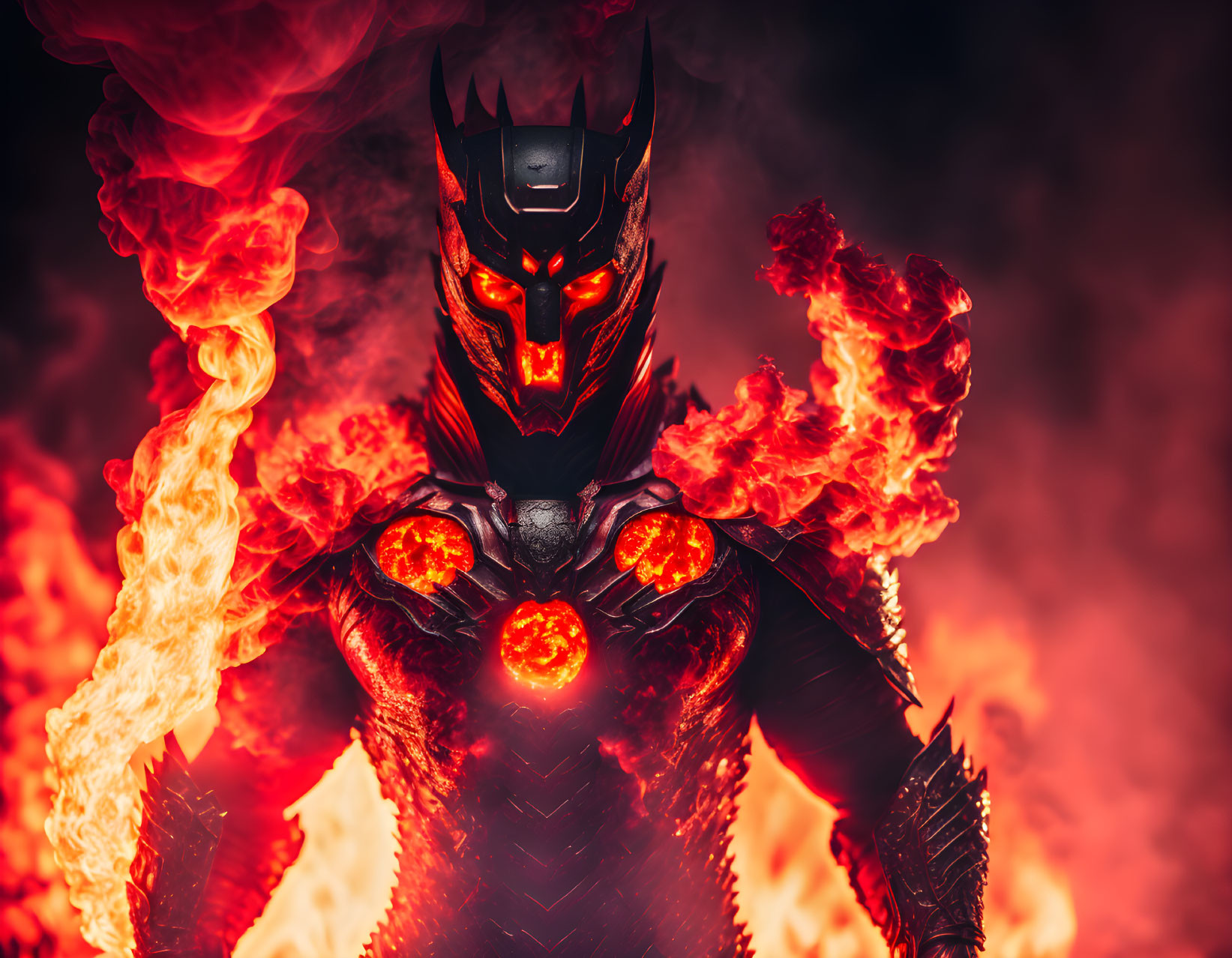 Fiery robotic warrior with glowing red eyes in billowing flames