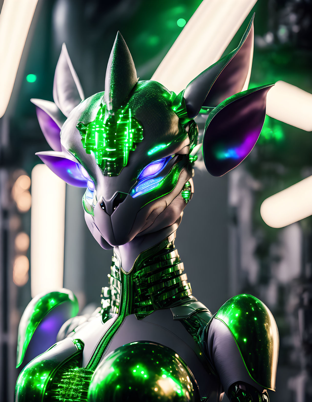 Futuristic anthropomorphic dragon robot with green eyes and neon circuits