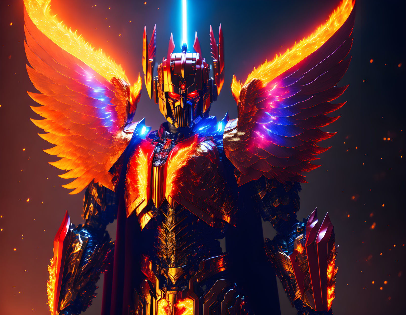 Fiery-winged robotic warrior with glowing blue eyes and ornate armor