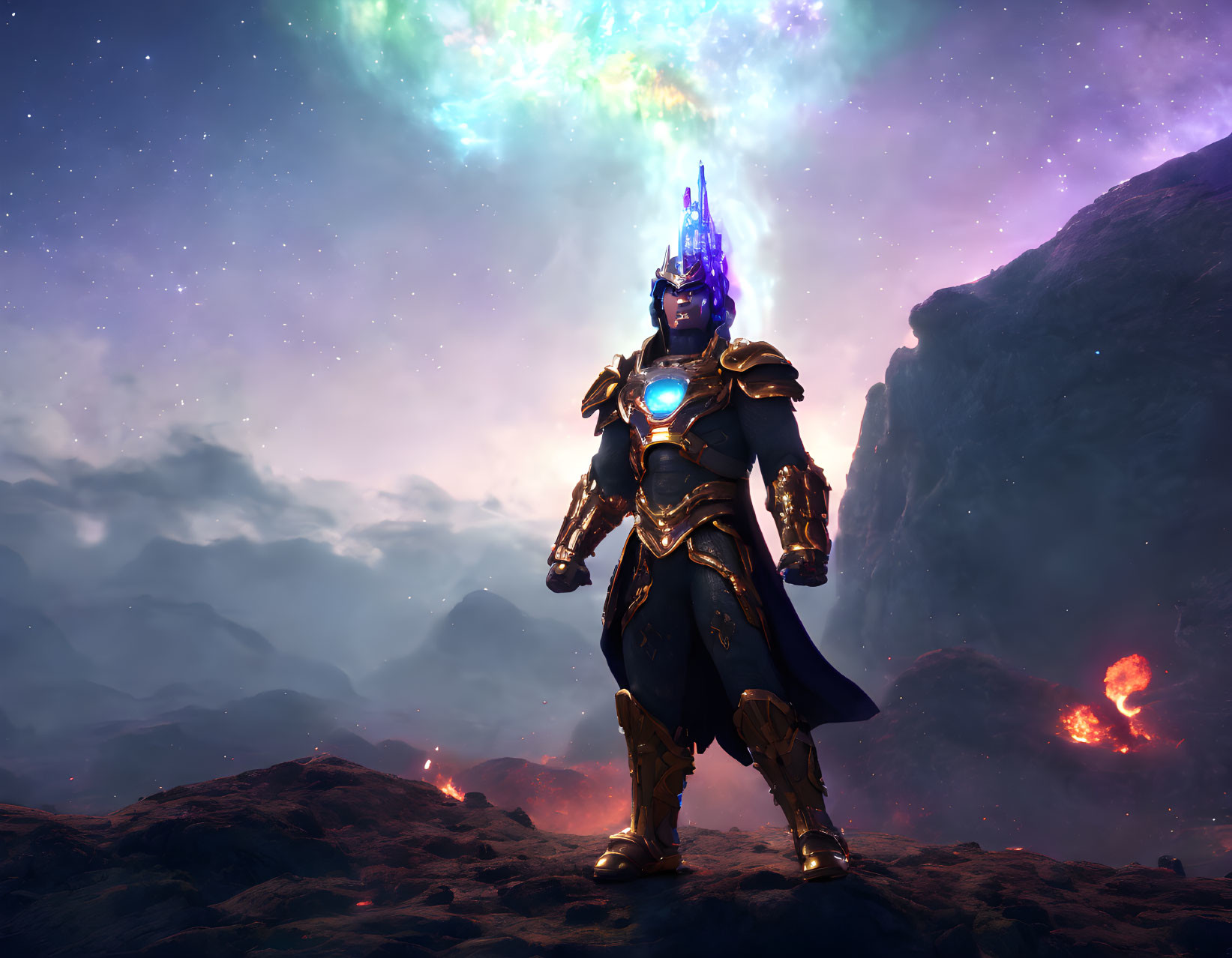 Futuristic knight in ornate armor on rocky terrain under cosmic sky