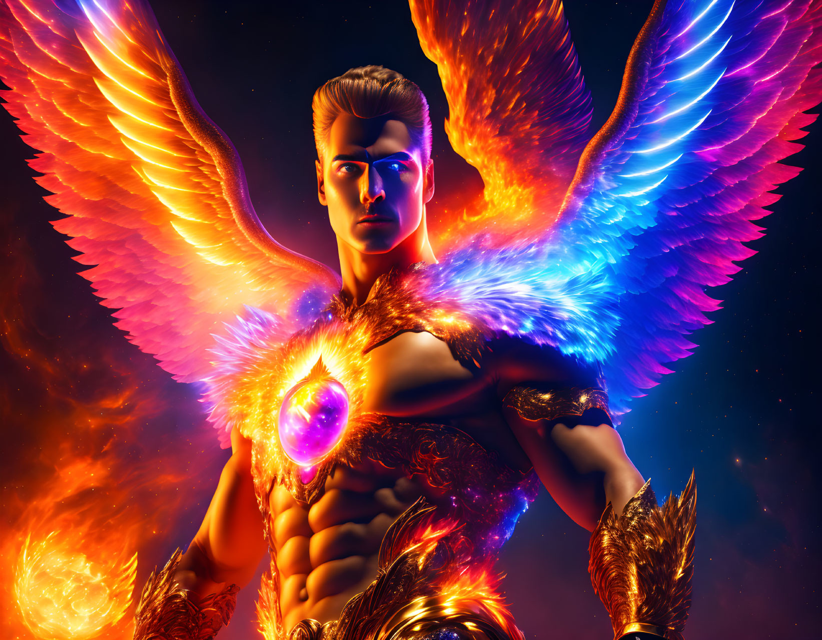 Majestic angel illustration with fiery wings and golden armor