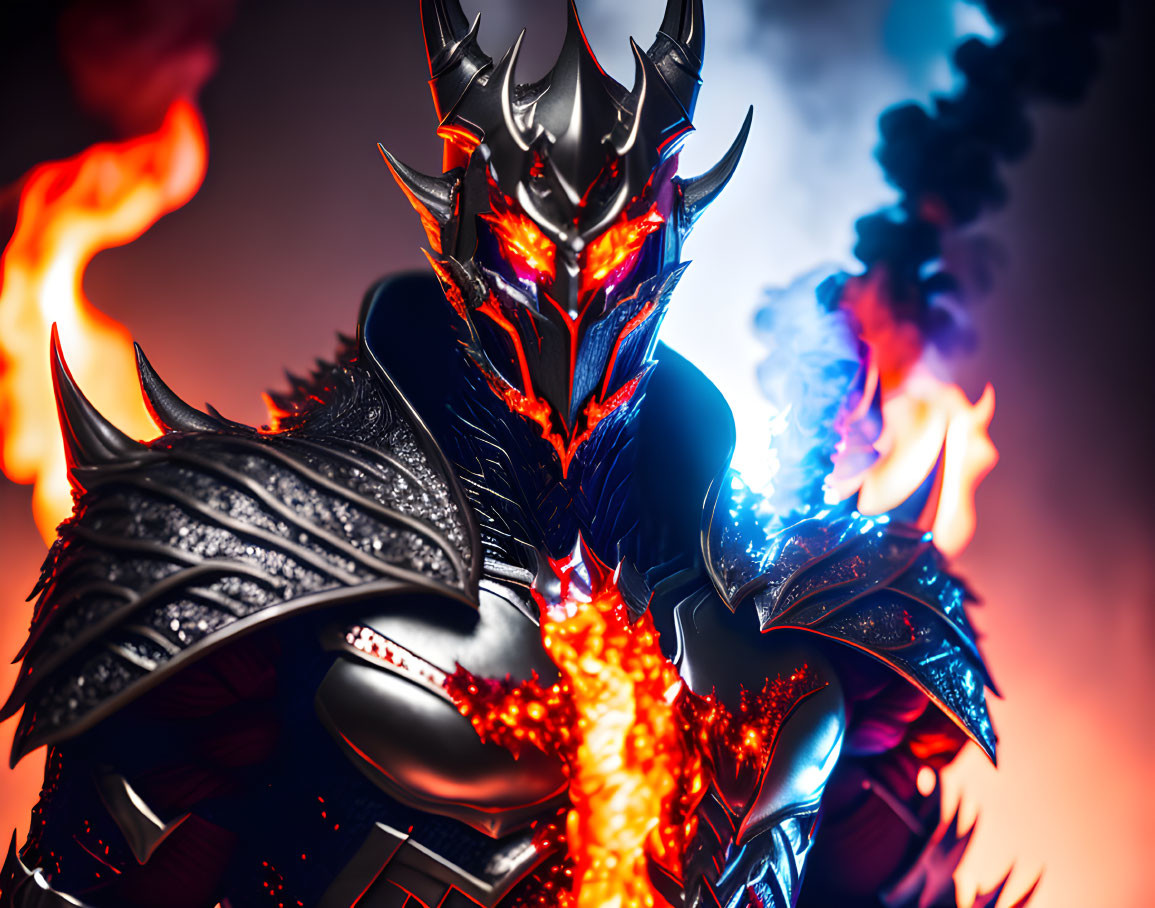 Armored figure with glowing red eyes in fiery setting