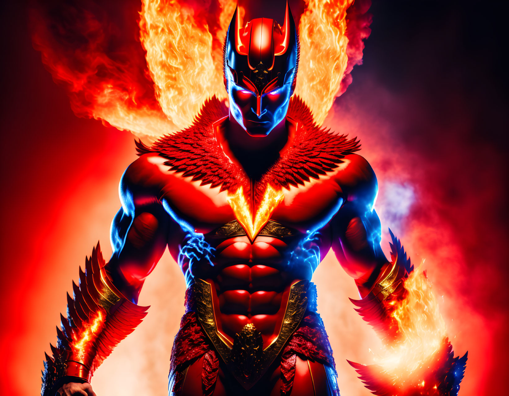 Armored character with glowing eyes in red and gold suit surrounded by flames