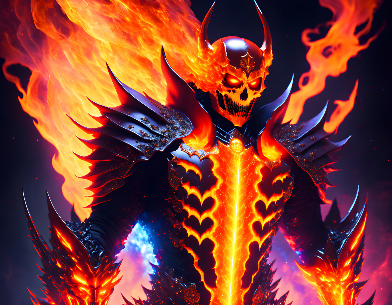 Skeletal figure with flaming horns in dark armor holding fiery sword