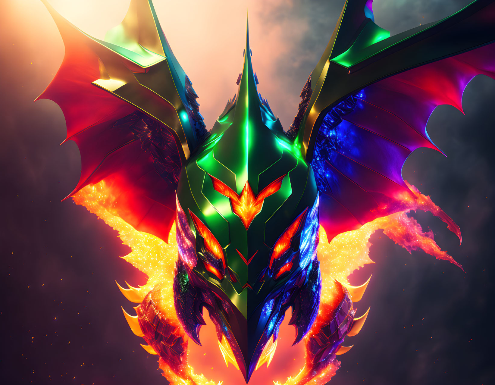 Stylized dragon digital artwork with fiery wings in dramatic sky