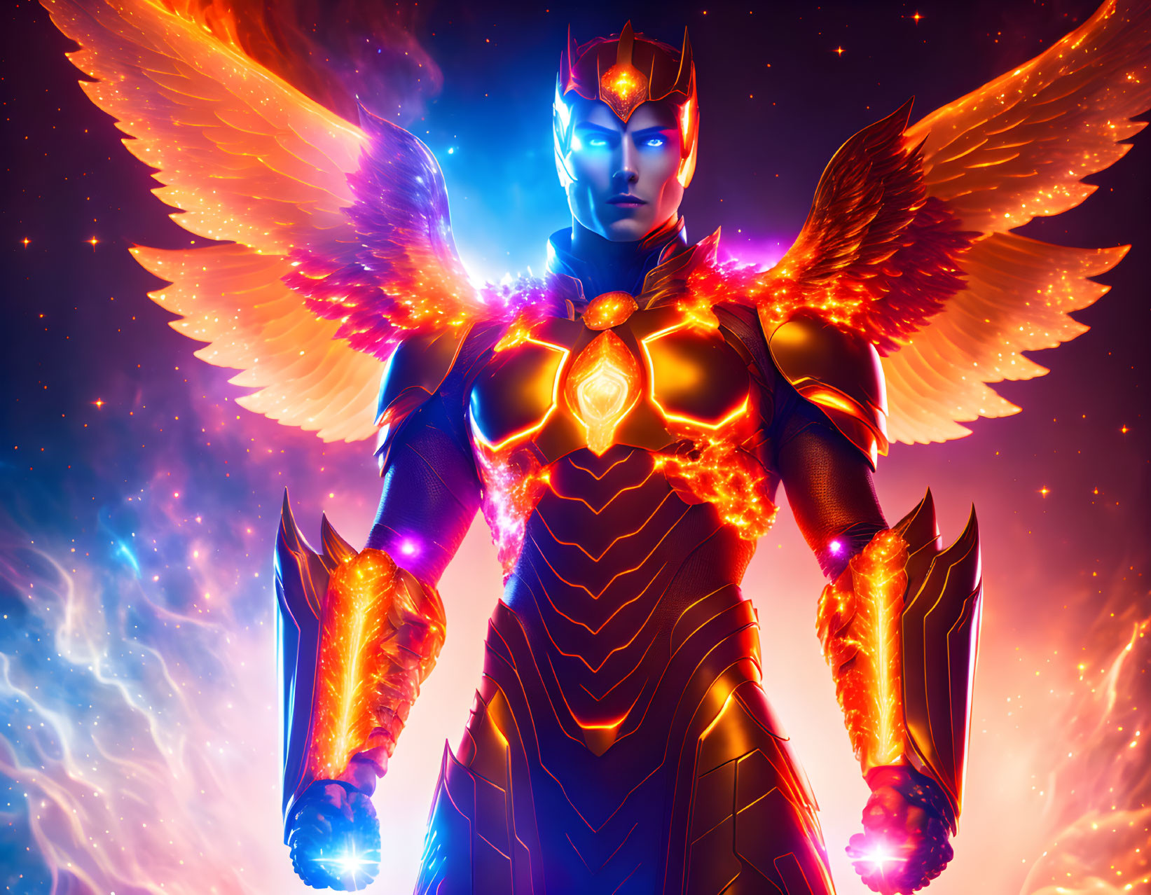 Majestic armored figure with fiery wings in cosmic setting