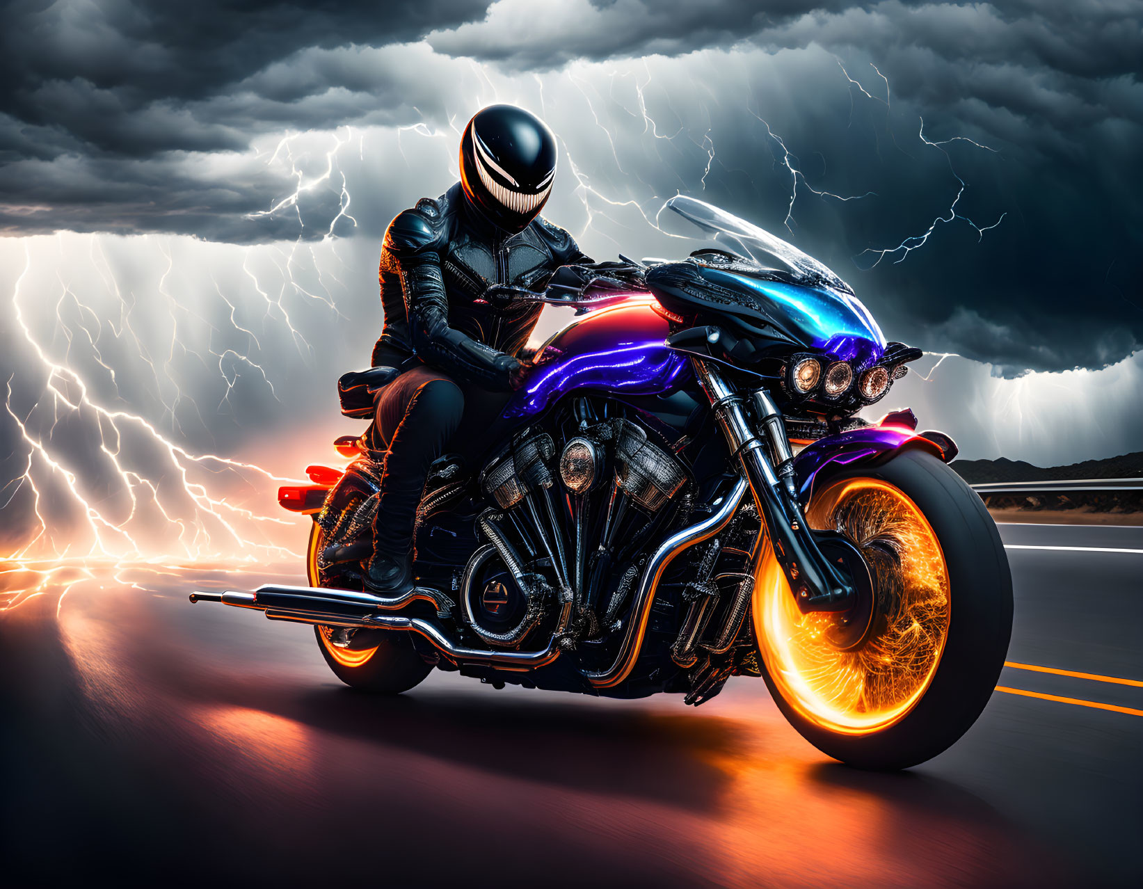 Motorcyclist in black gear speeds on road with stormy skies and lightning