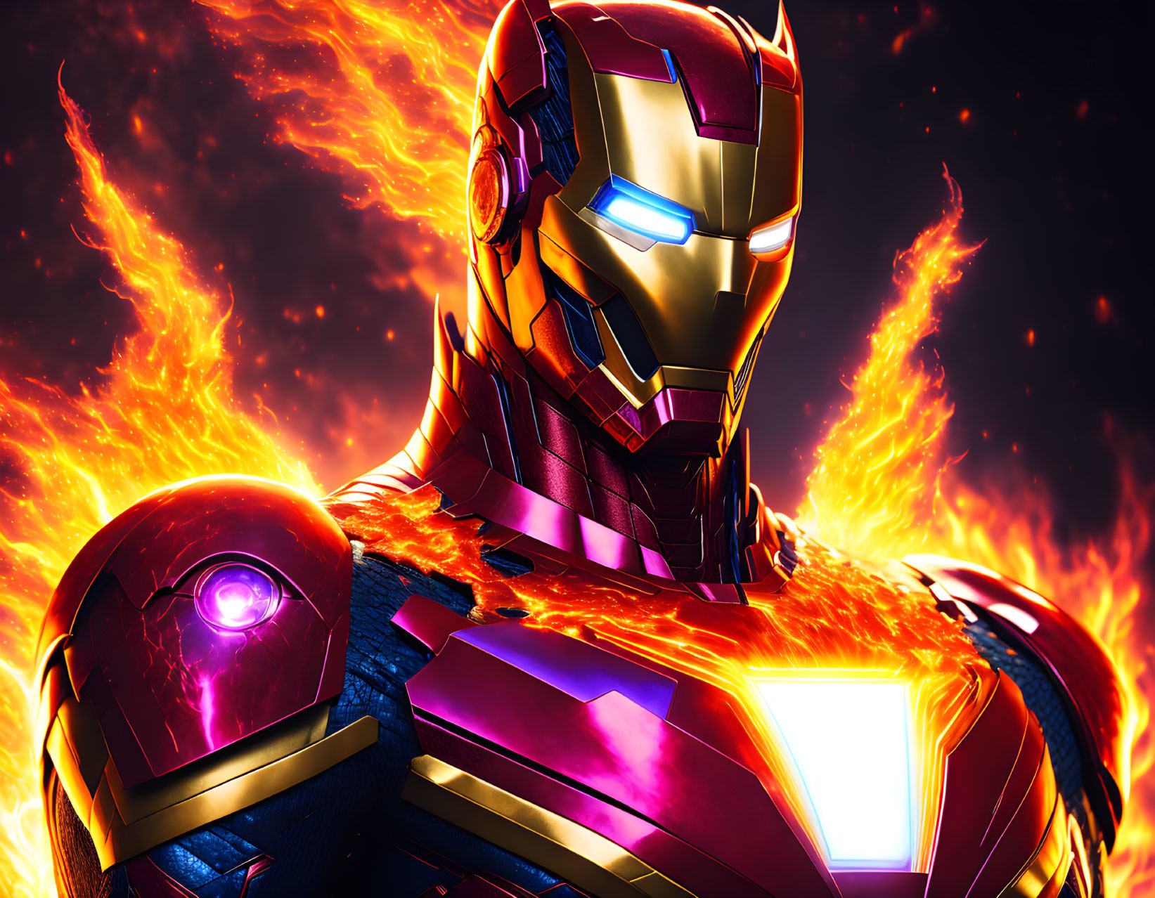 Superhero in glowing armor against fiery backdrop