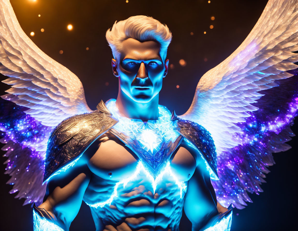 Glowing blue energy, white wings, futuristic armor superbeing