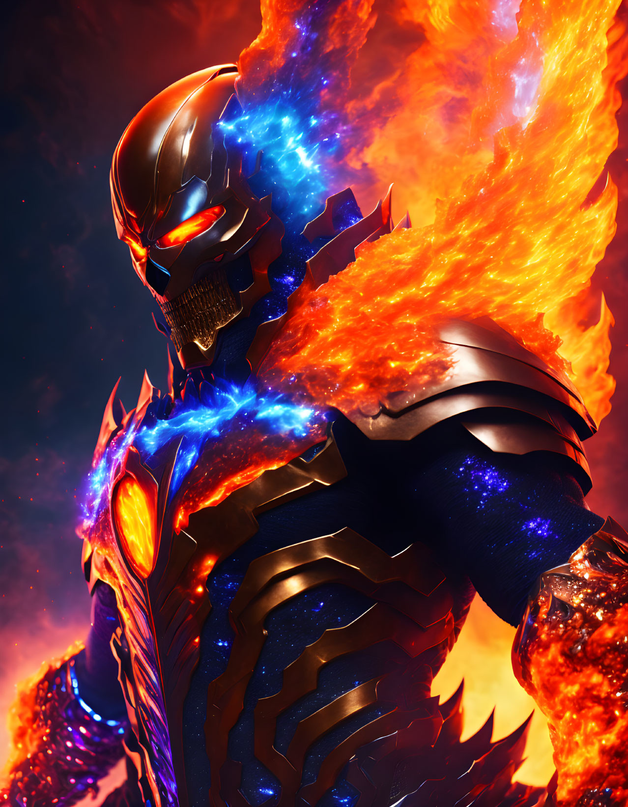 Futuristic figure in metallic armor surrounded by blue and orange flames