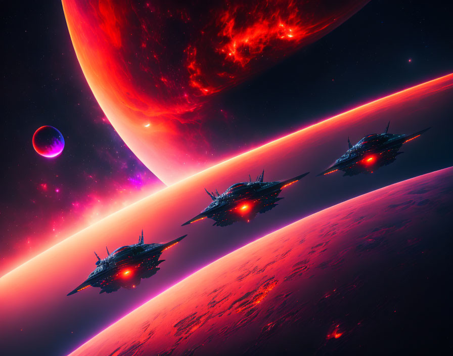 Futuristic spaceships in cosmic scene with red planet.