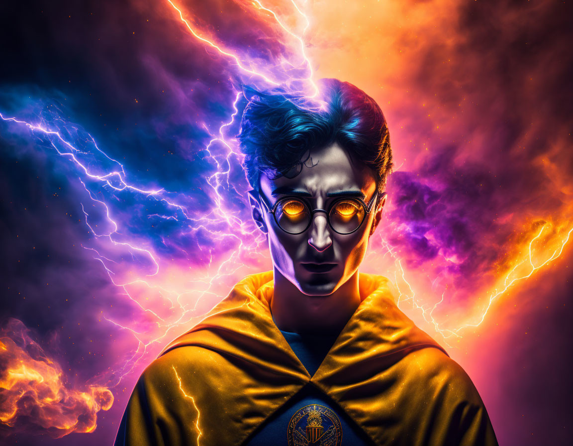 Person with glowing glasses and costume in cosmic lightning background.