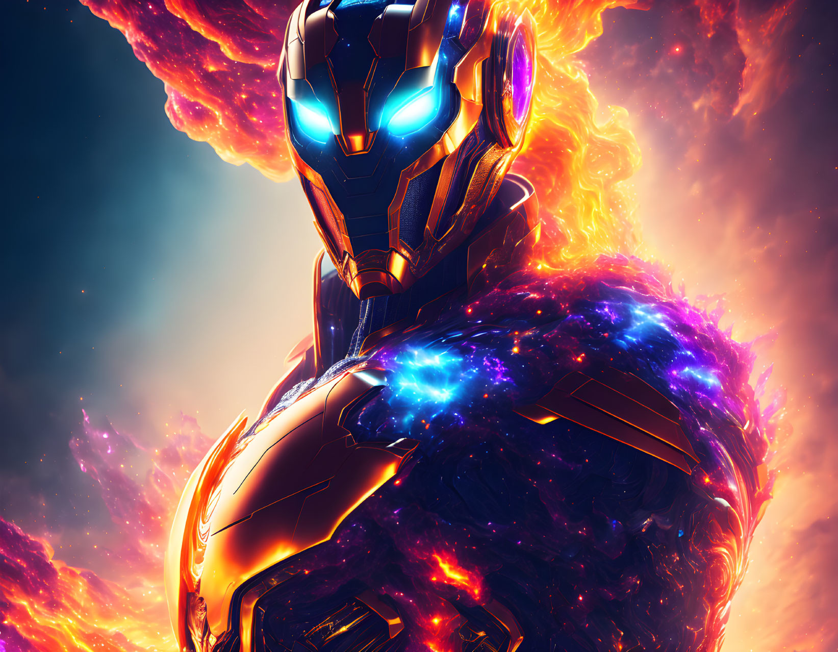 Colorful Armored Figure in Fiery Cosmic Background