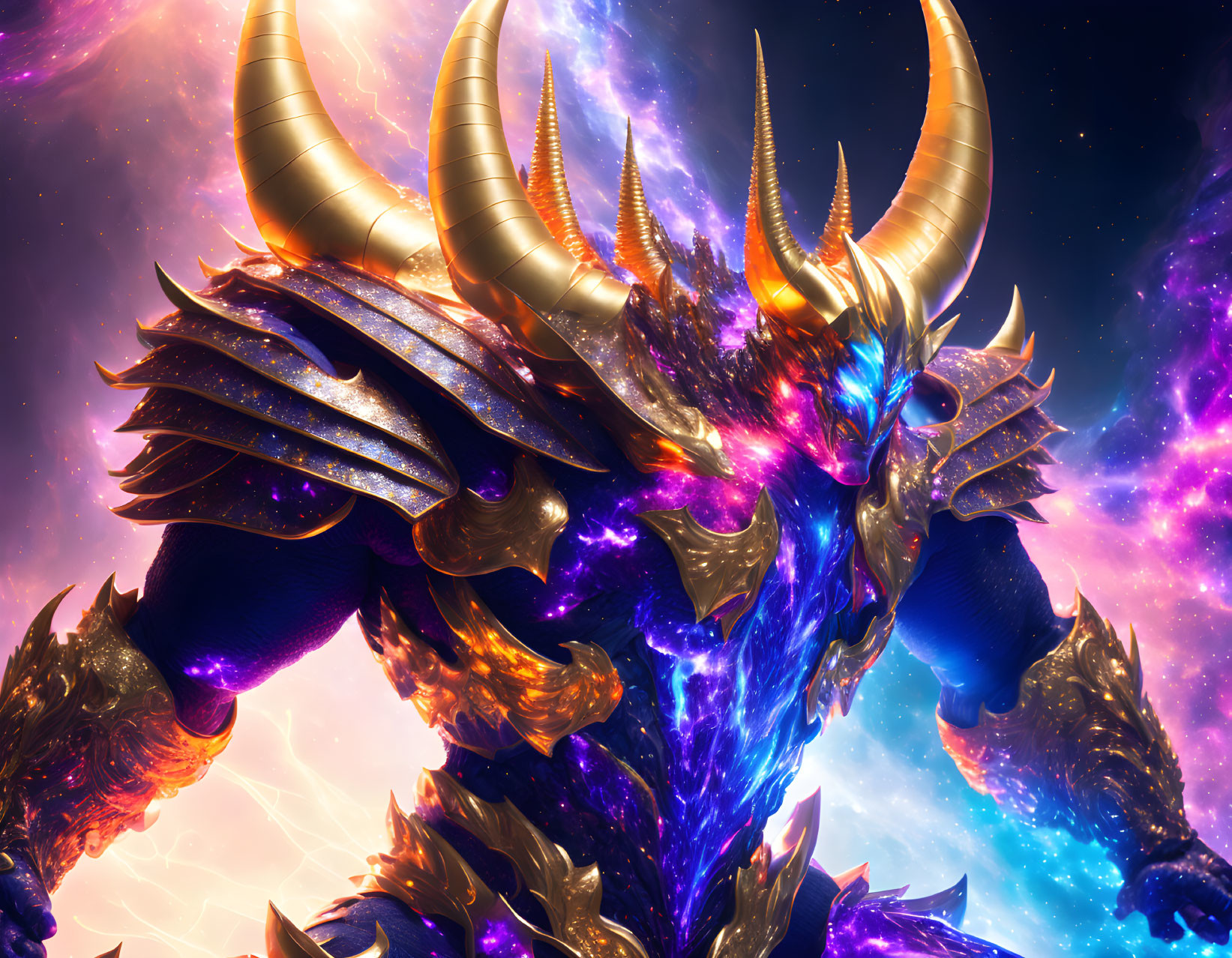 Majestic fantasy creature with golden horns and armor in vibrant cosmic scene