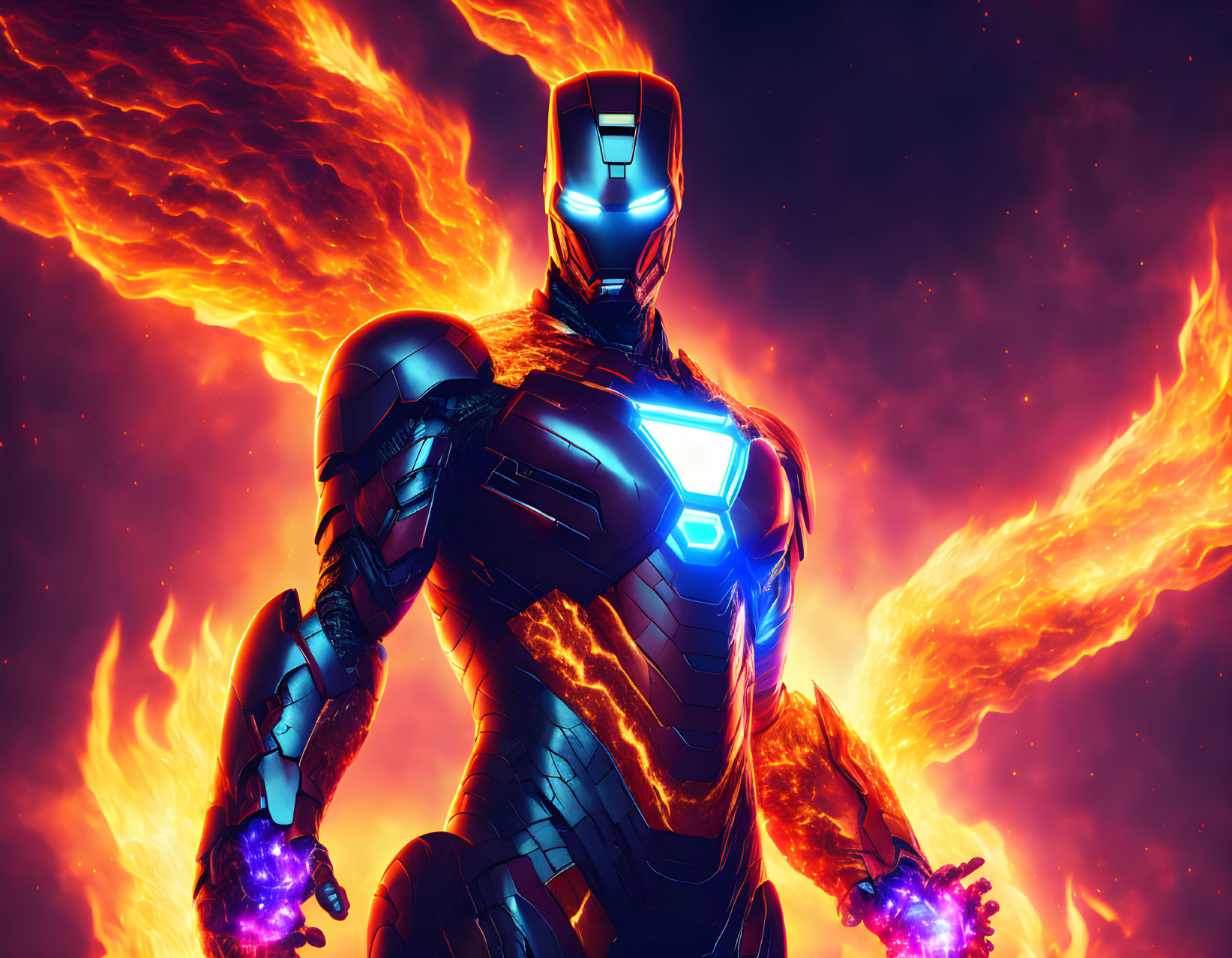 Armored futuristic figure with glowing chest and hands in fiery cosmic setting