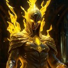 Superhero in Blue and Gold Costume Amid Fiery Flames