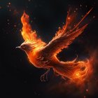 Majestic phoenix flying in fiery light against starry sky