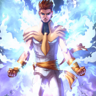 Stylized angelic figures with fiery hair and white wings in cosmic setting