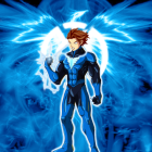 Superhero illustration with blue wings, dynamic suit, and flaming energy