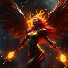 Illustrated fiery female figure with glowing wings in golden armor on dark ember-filled background