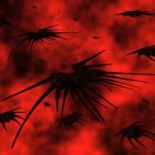 Large Spidery Spaceship Surrounded by Smaller Ships in Fiery Red Nebula