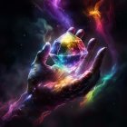 Luminous crystal held in hand against cosmic backdrop