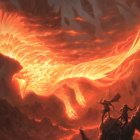 Majestic phoenix flying with fiery wings in heated sky