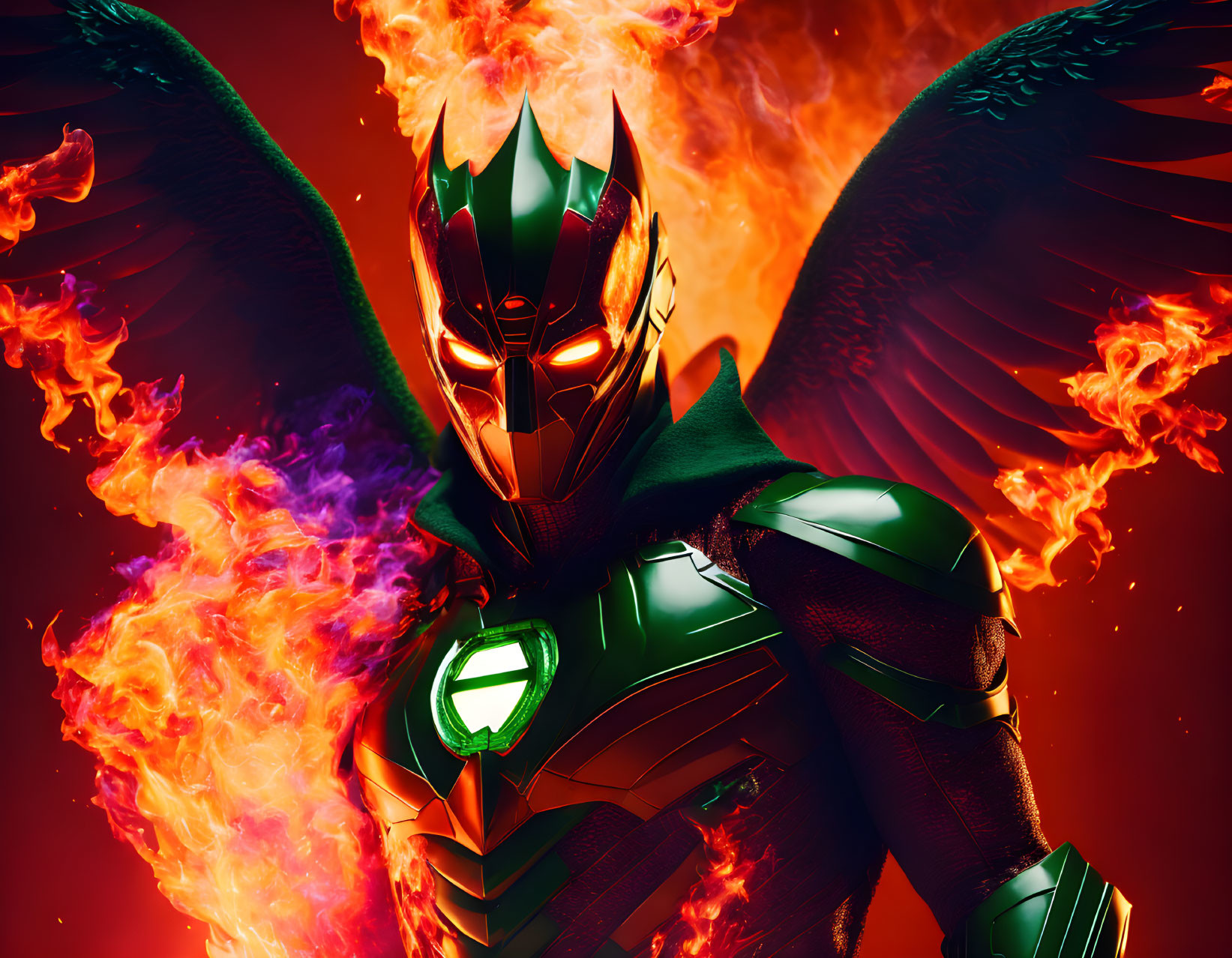 Green Armored Figure with Helmet and Wings in Fiery Background