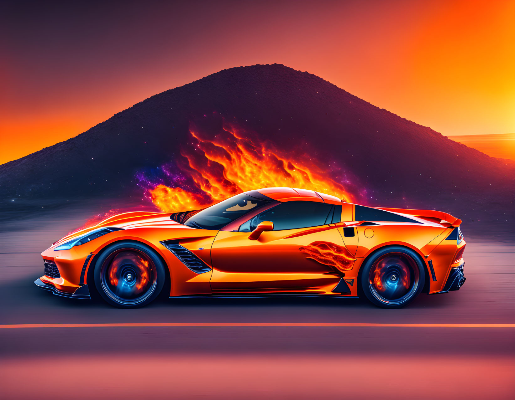 Bright orange sports car with flame decals racing under dramatic sunset sky.