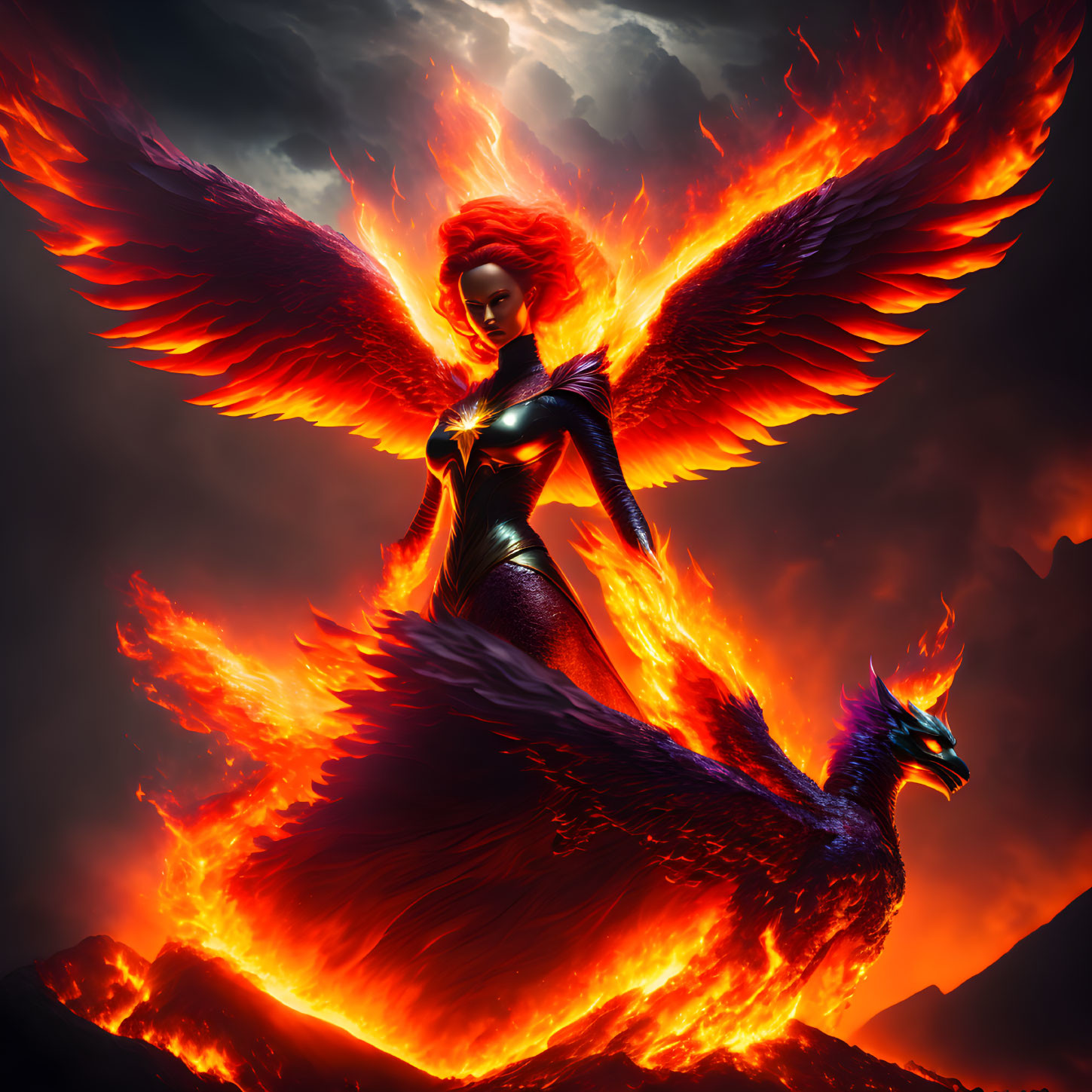 Fiery phoenix-like creature with human figure in flames against dark sky