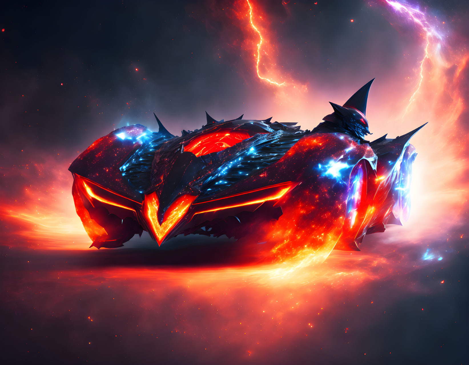 Cosmic dragon sports car creature in fiery digital artwork