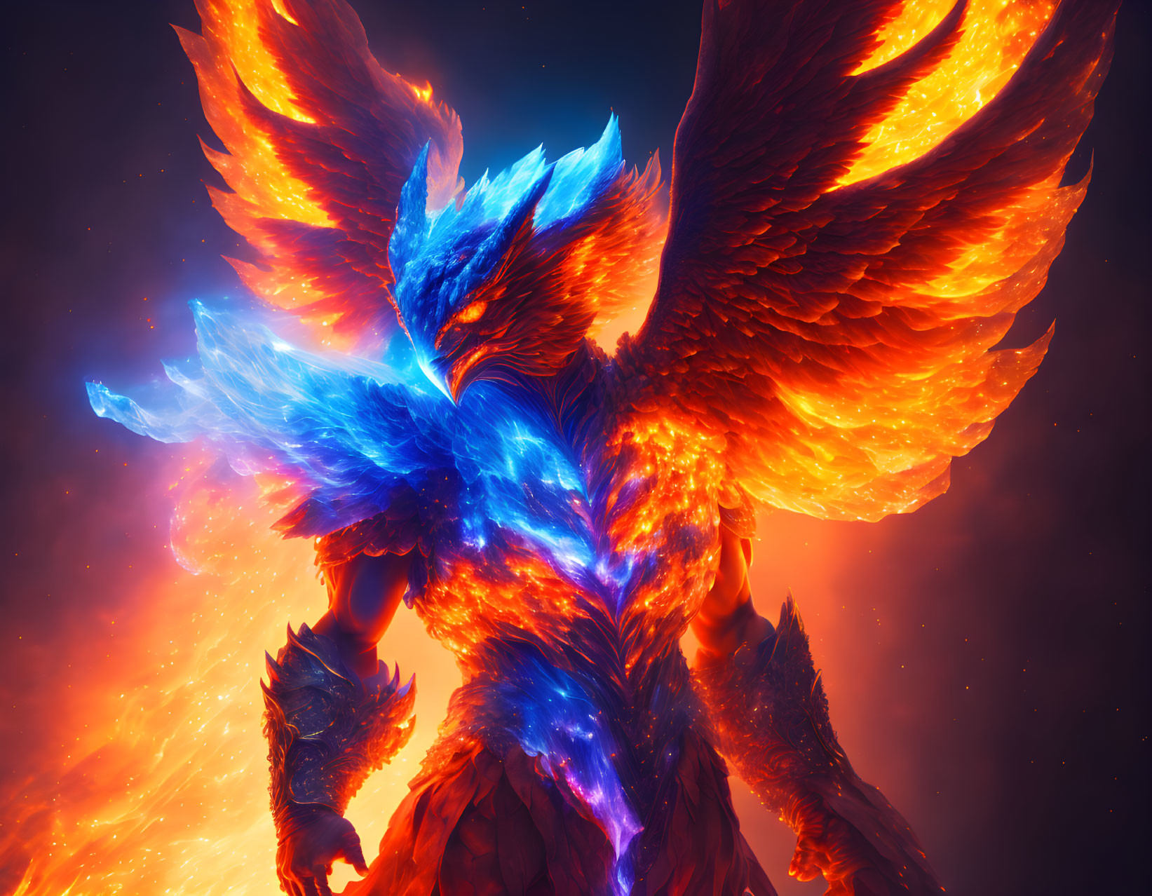 Majestic Phoenix with Blue and Orange Plumage on Ember-Filled Background