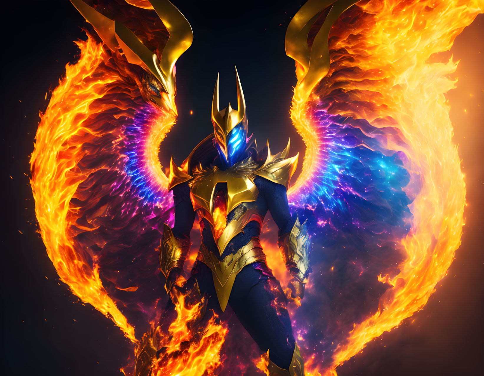 Armored figure with phoenix wings in powerful stance.