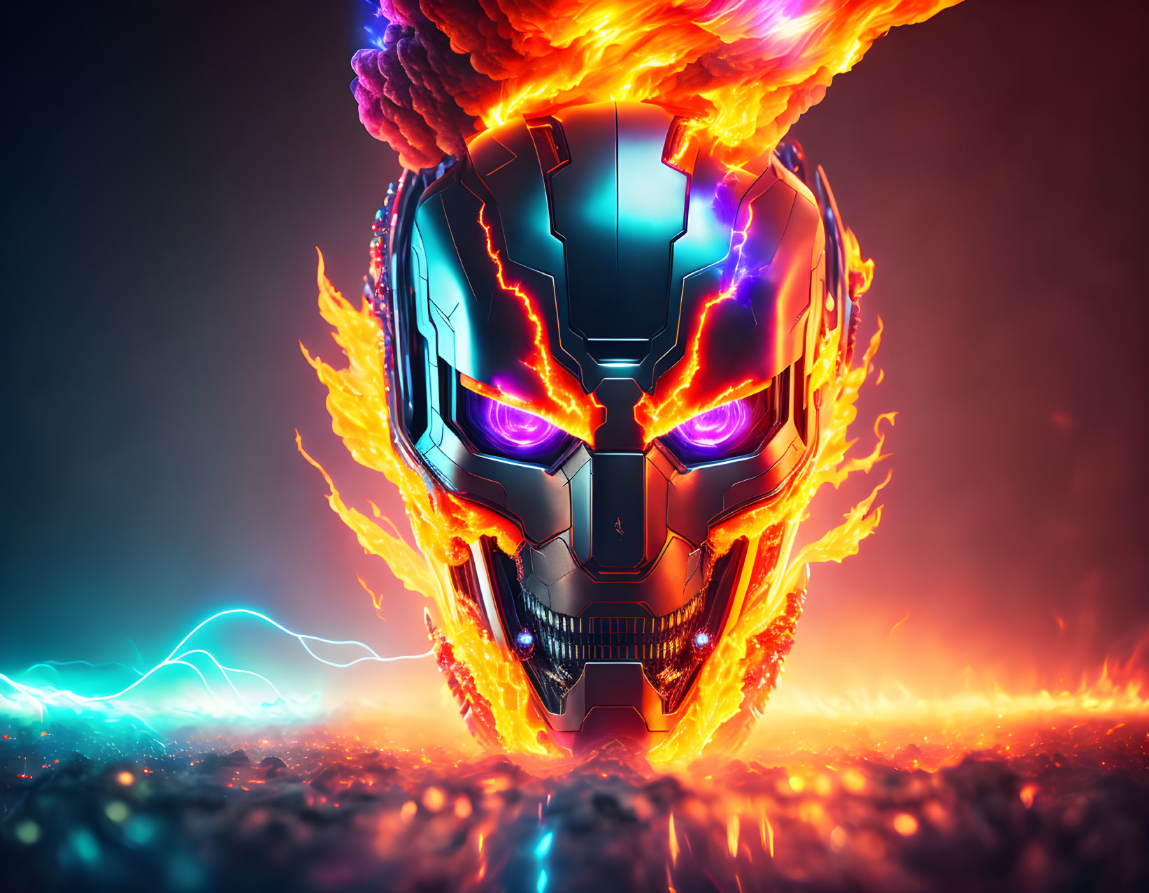 Robotic face engulfed in flames and electric arcs on dark backdrop