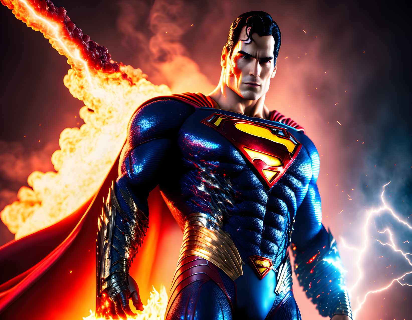 Superman in blue suit and red cape with lightning and fiery trail