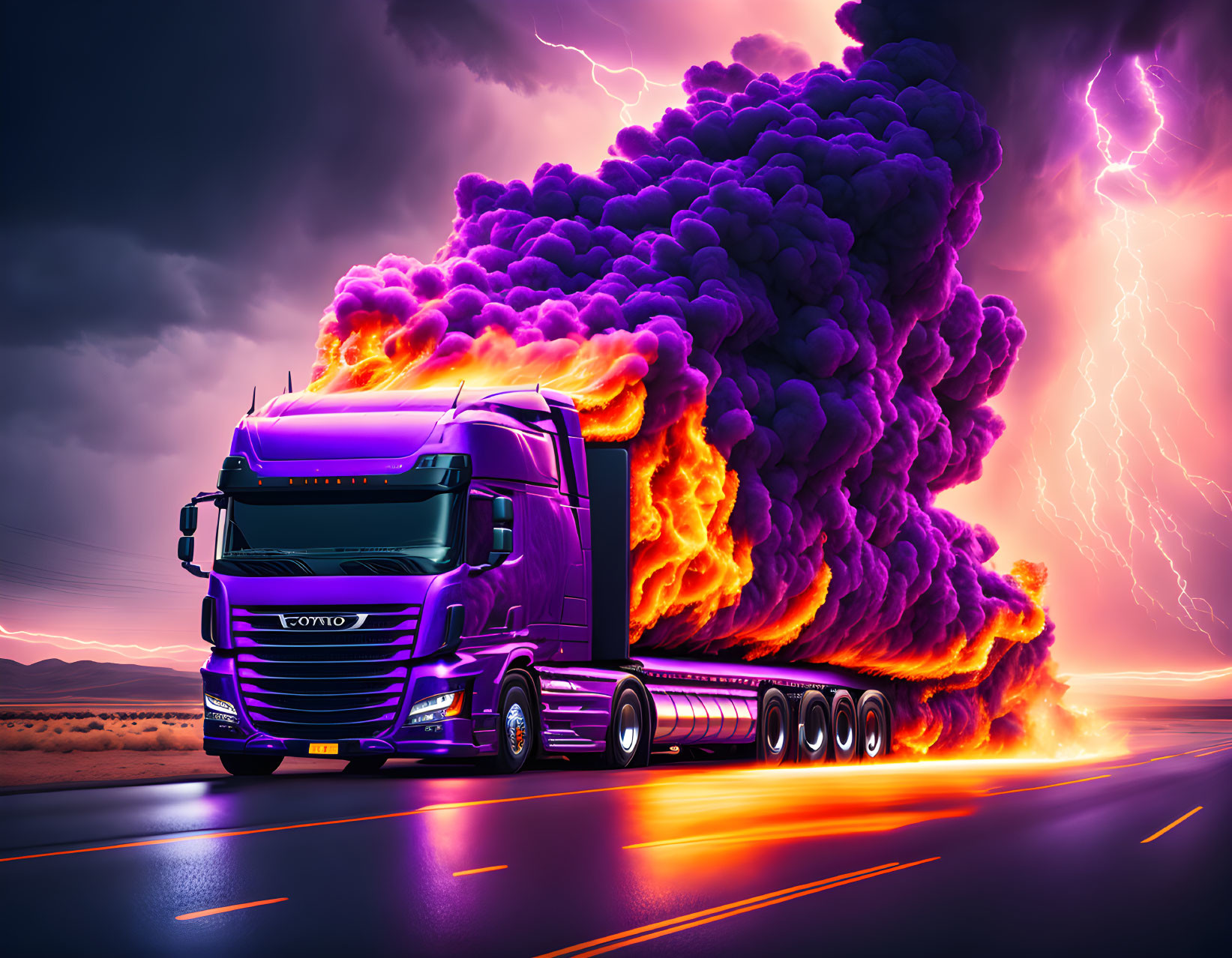 Purple truck speeding on highway under dramatic sky with fiery explosion and lightning