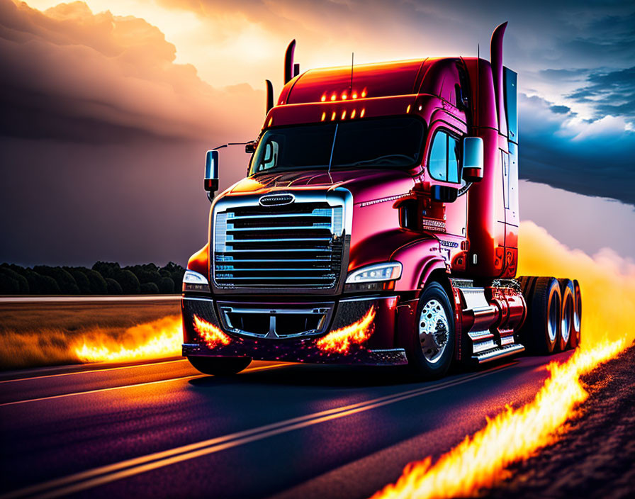 Red semi-truck with flame details emits fire under dramatic sunset sky