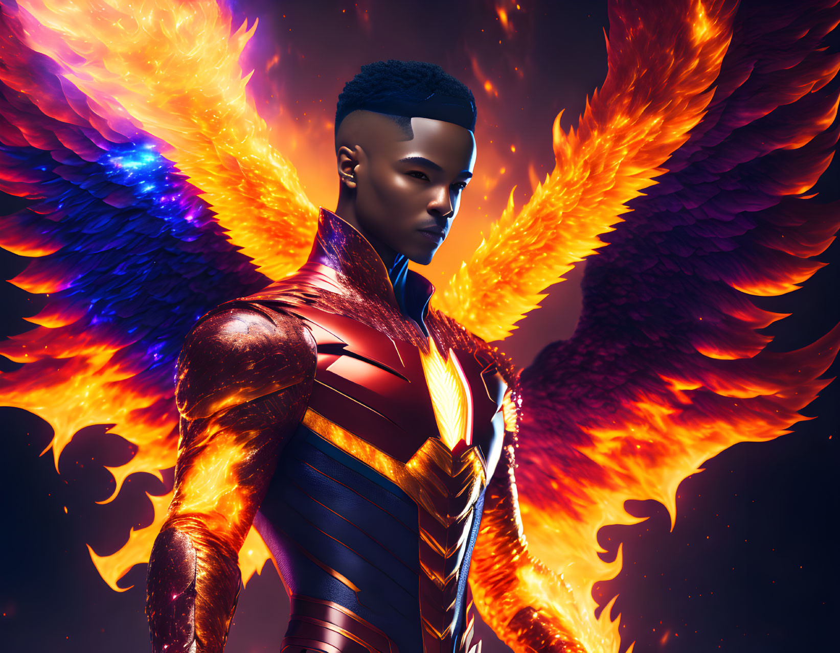 Person with fiery wings in superhero costume against dark background.