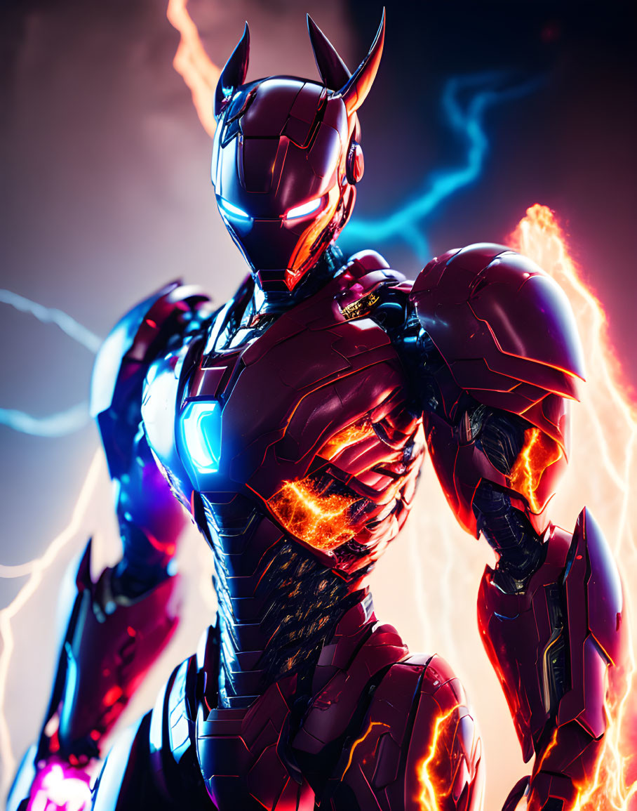 Detailed futuristic armored character with glowing elements and helmet against electric backdrop