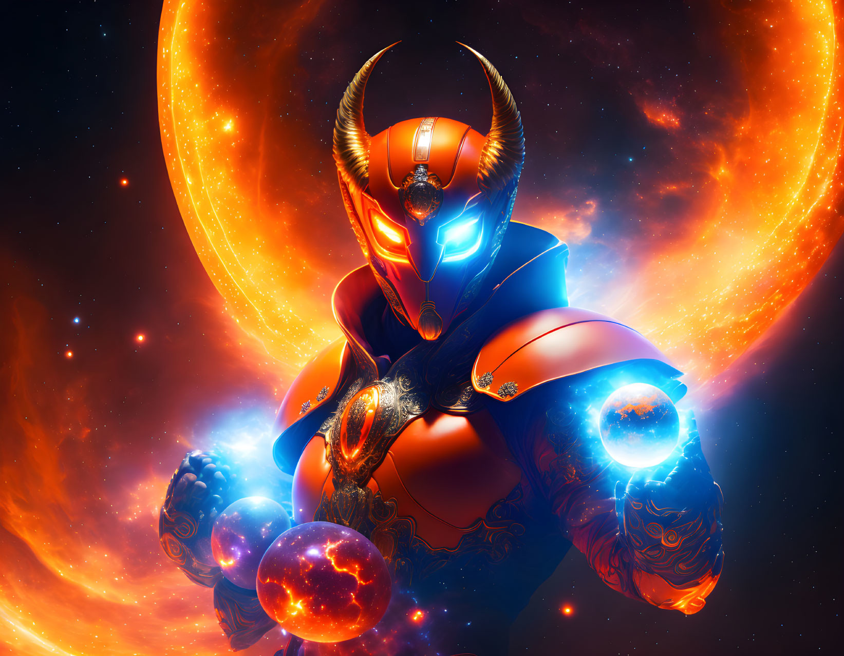 Futuristic warrior in ornate armor with glowing blue energy, cosmic backdrop with fiery planets