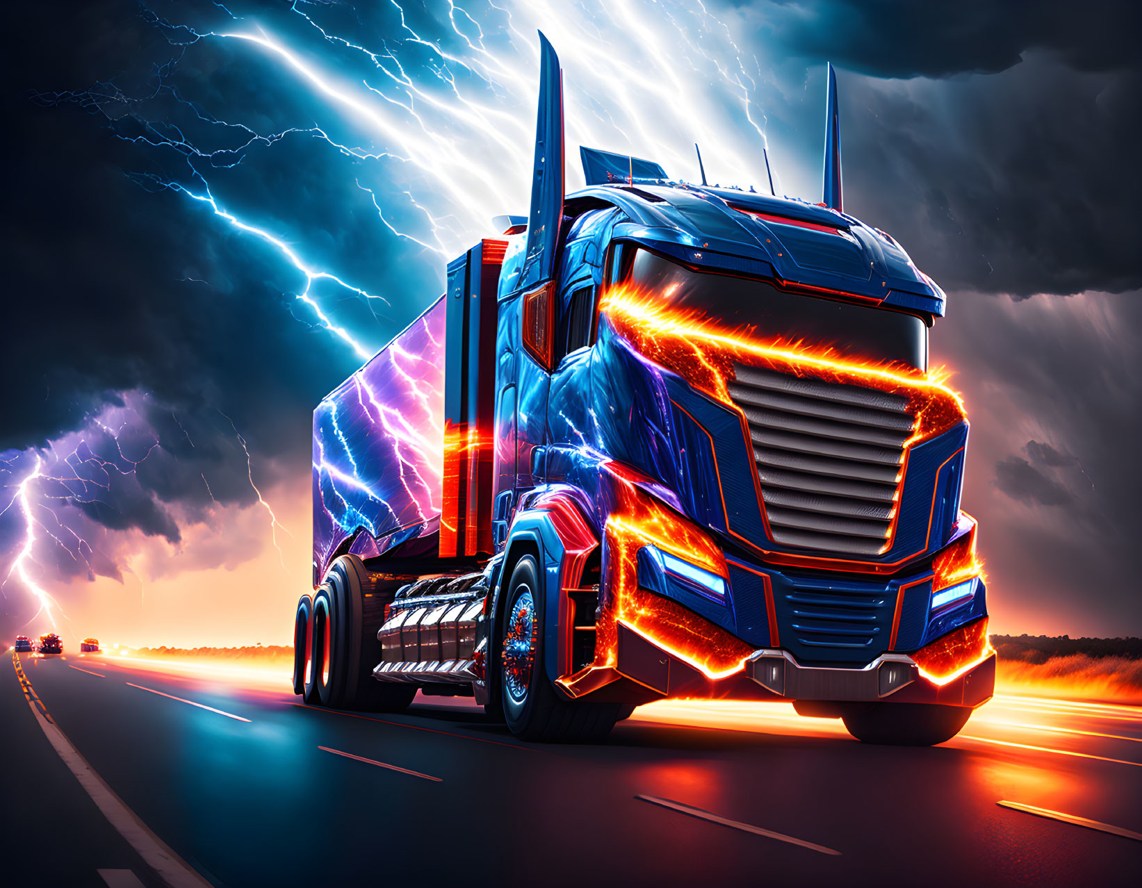 Futuristic semi-truck with glowing blue and orange lines on stormy highway