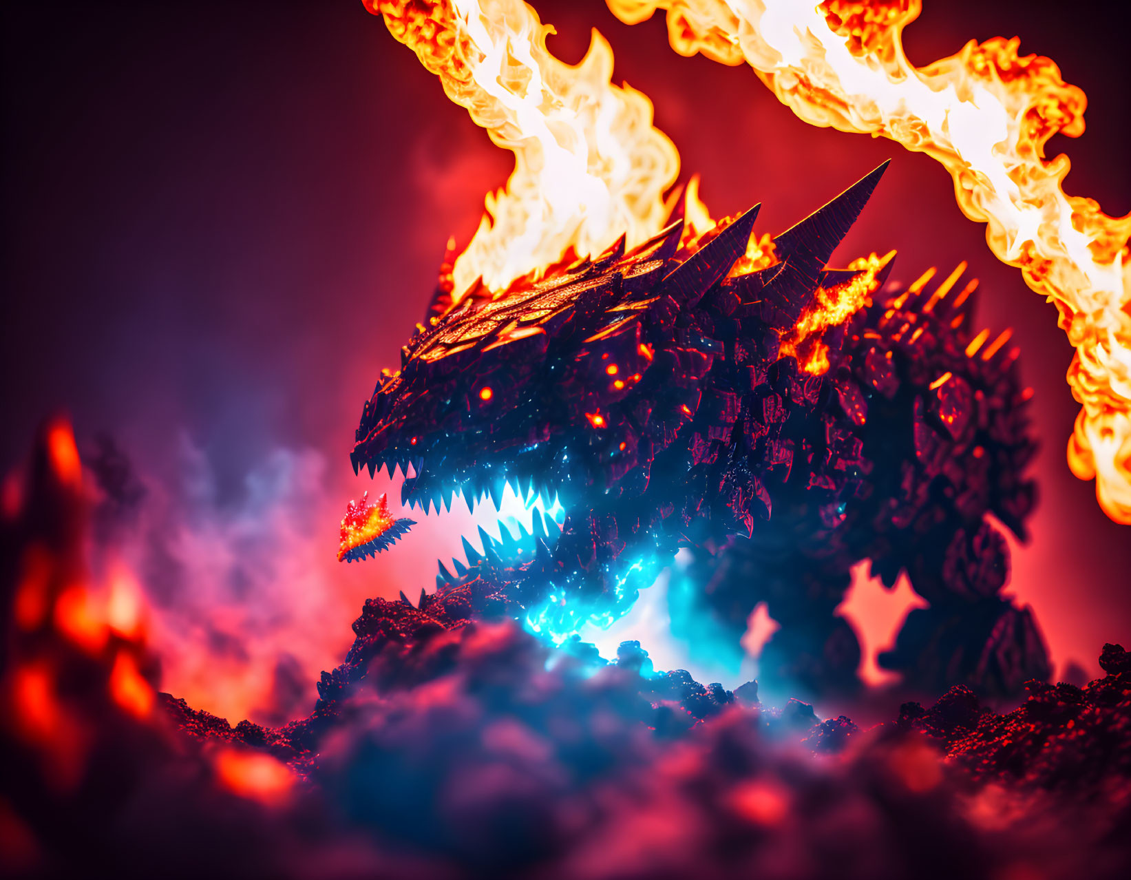 Armored dragon engulfed in intense flames with glowing blue eyes