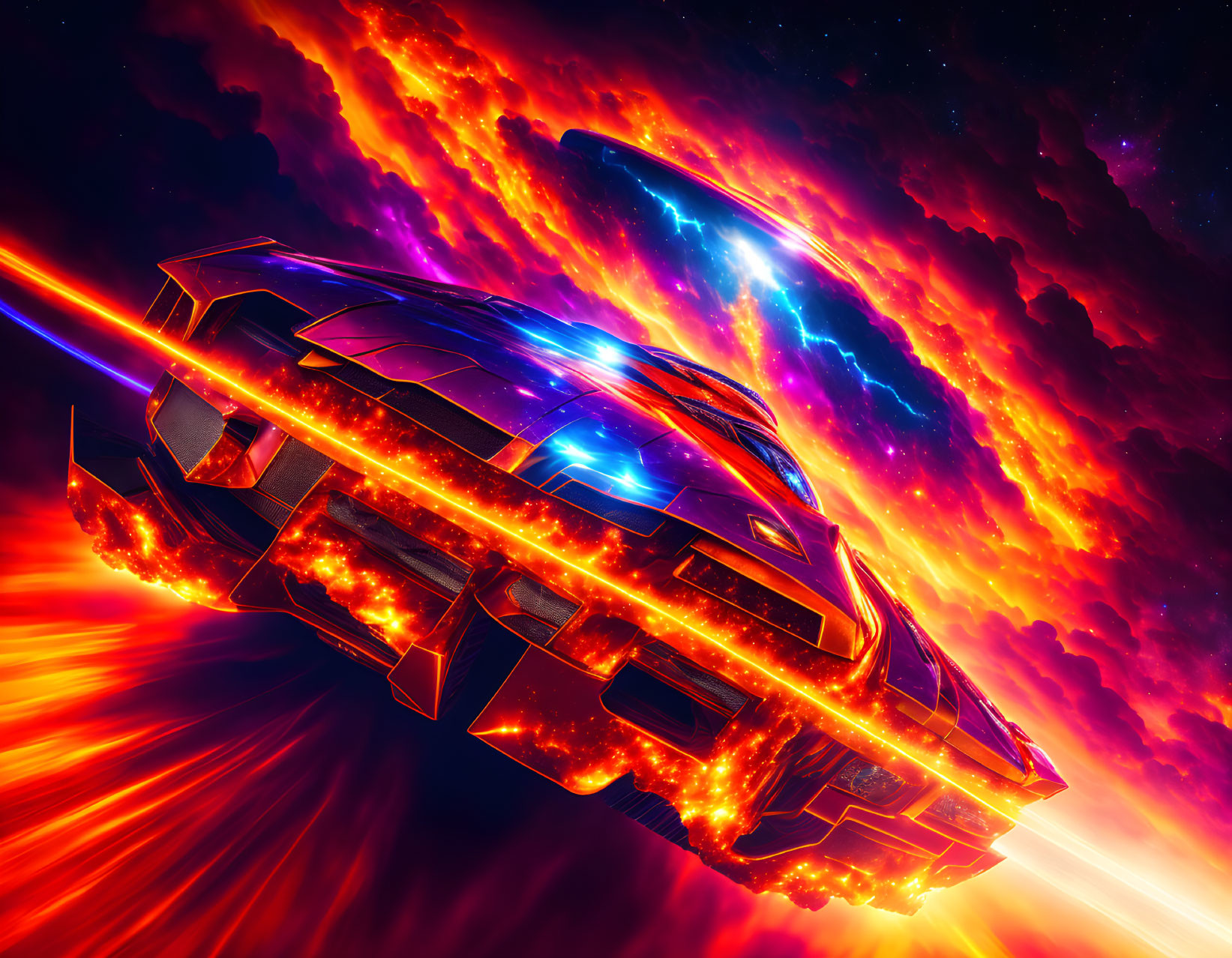 Futuristic spaceship in vibrant fiery nebula