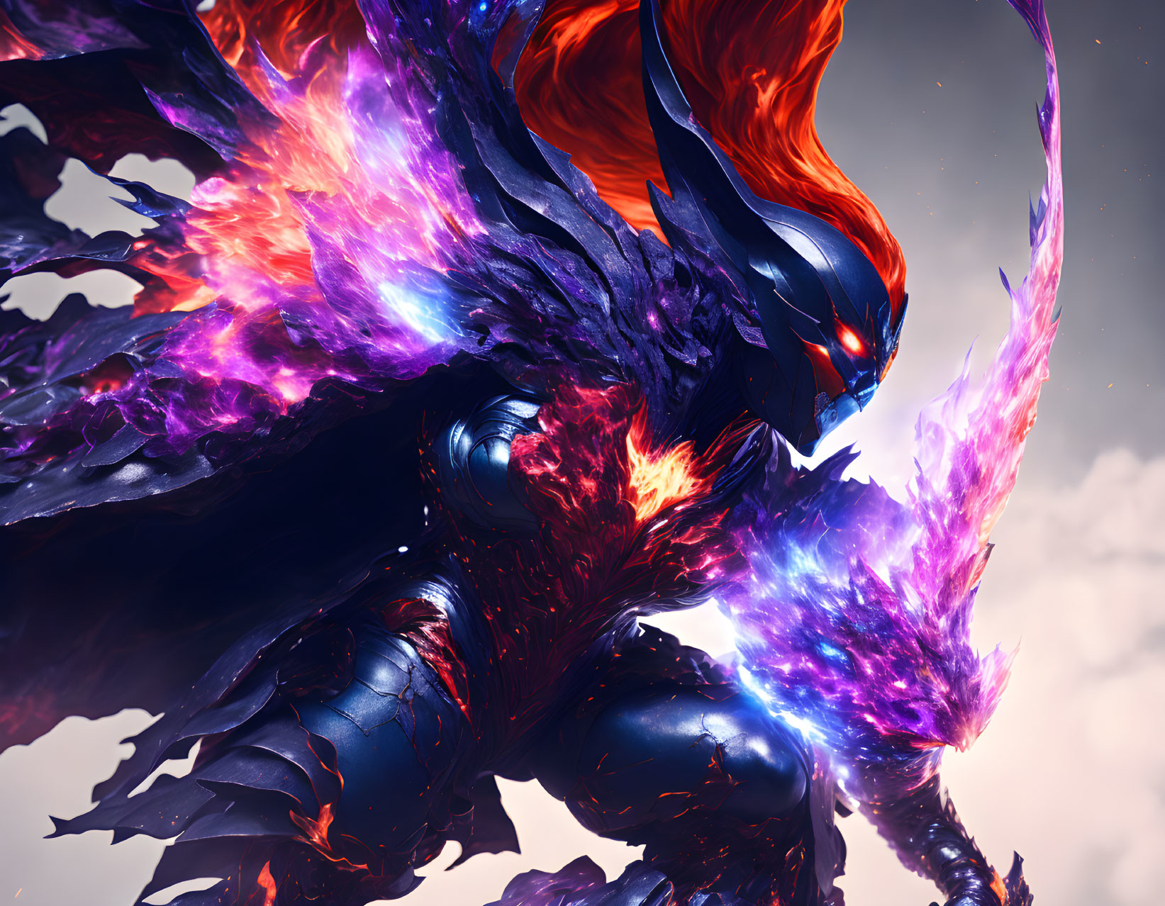 Mythical creature in dark armor surrounded by purple and orange flames