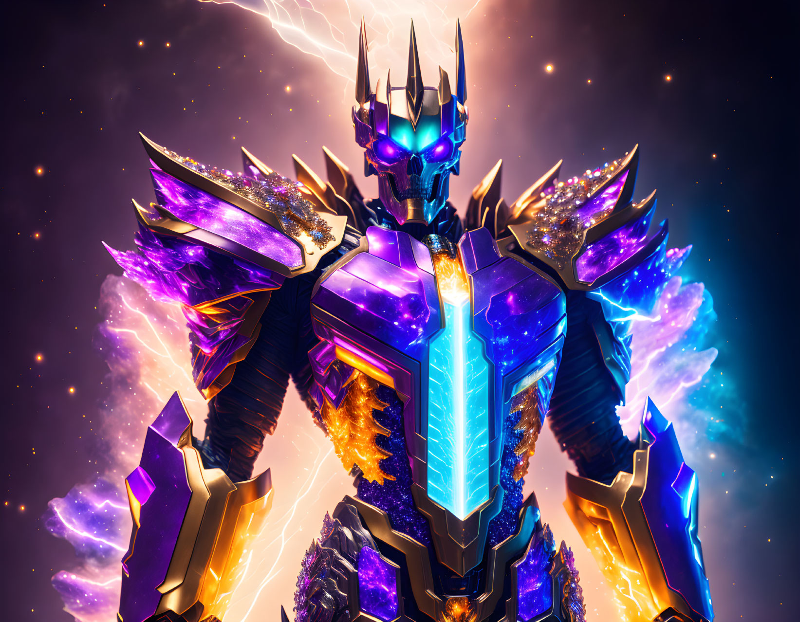 Futuristic armored warrior in cosmic setting with blue accents