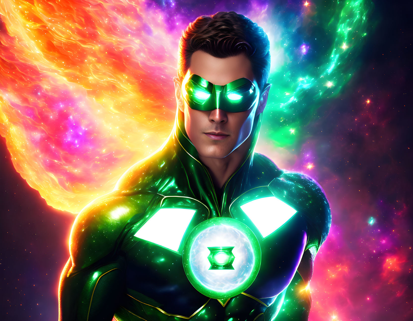 Male superhero with glowing green eyes and lantern symbol in cosmic nebula scene