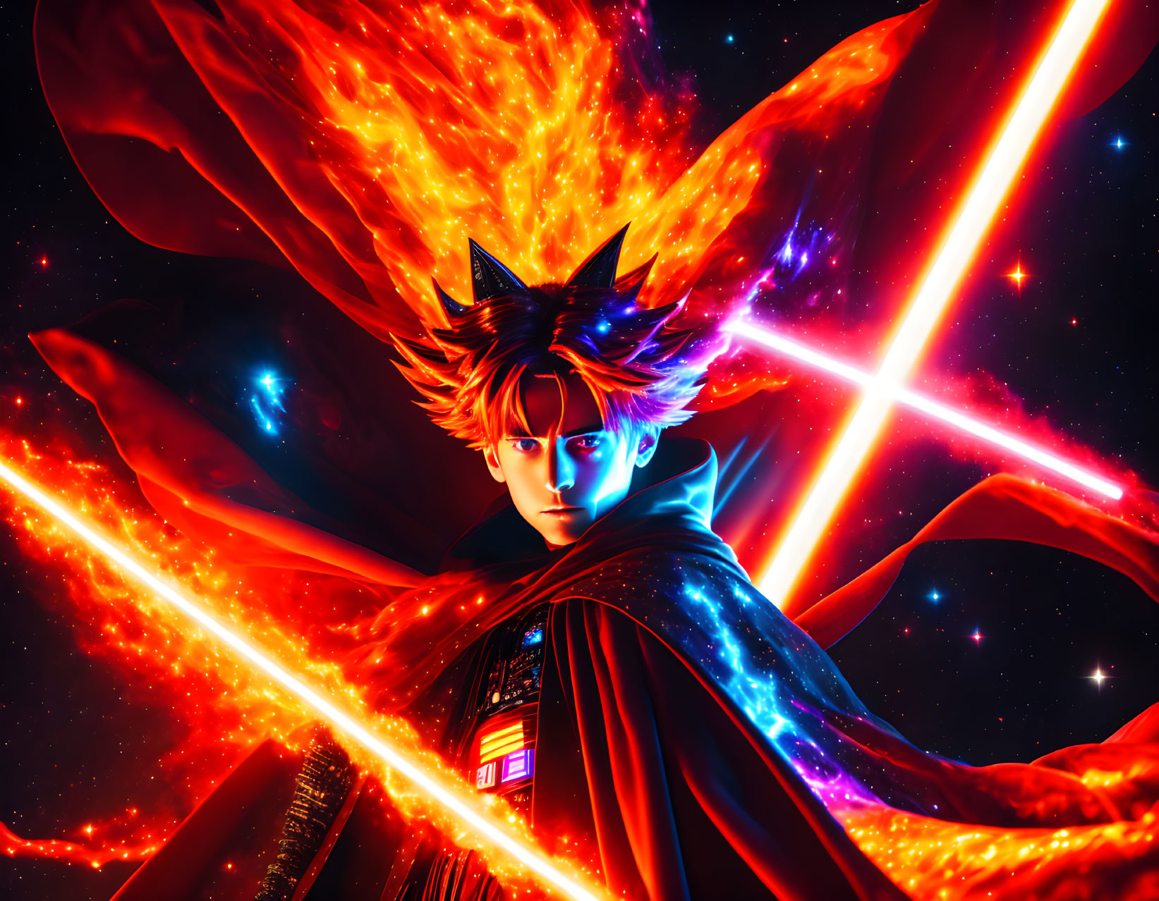 Fiery red-haired animated character with cosmic flames and crown