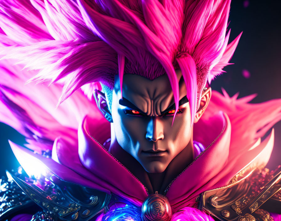 Vibrant animated character with spiked pink hair and high-collared purple cloak