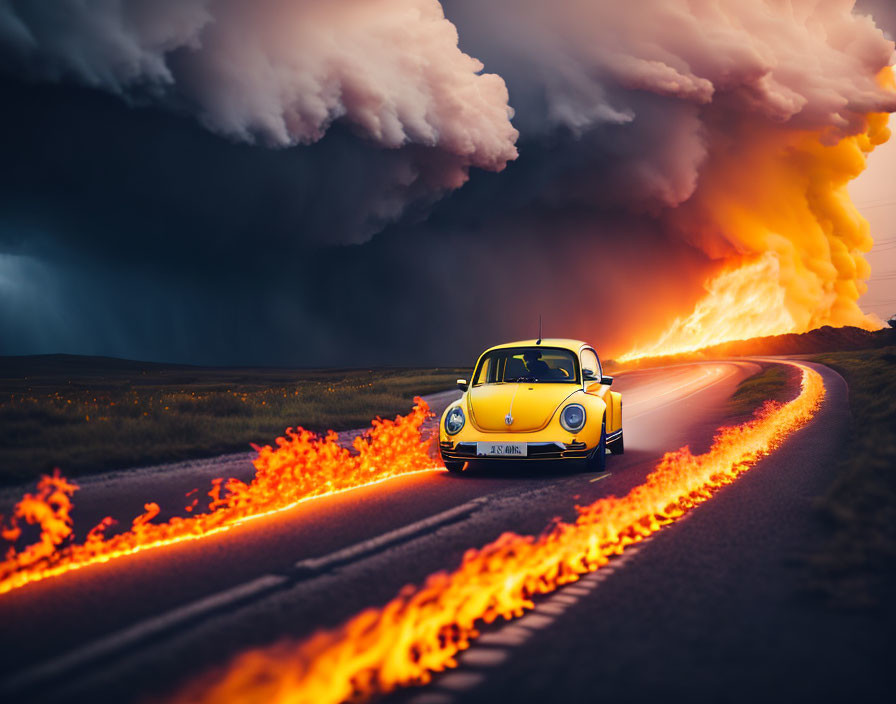 Vintage Yellow Car Driving on Road with Flames and Stormy Clouds