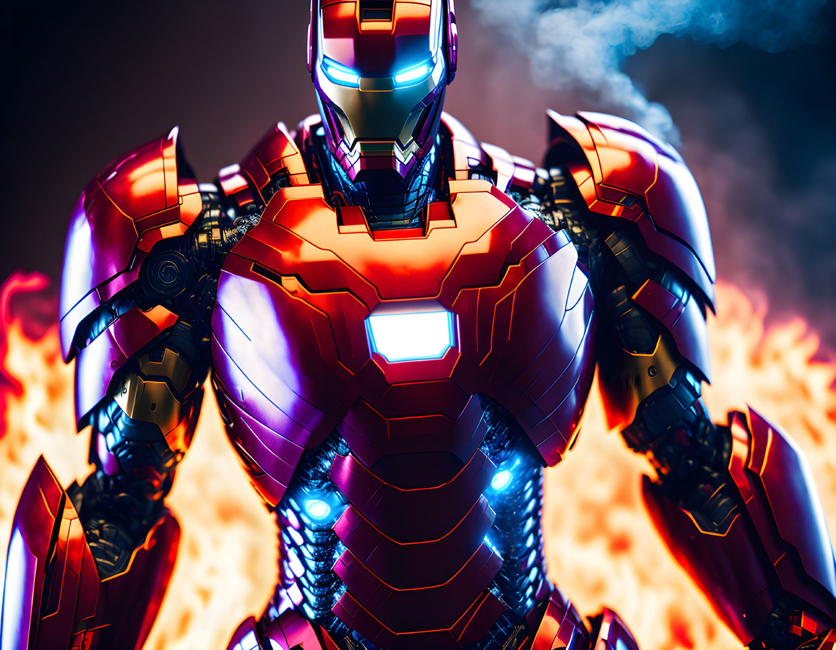 Detailed red and gold armored suit with glowing blue elements against fiery backdrop